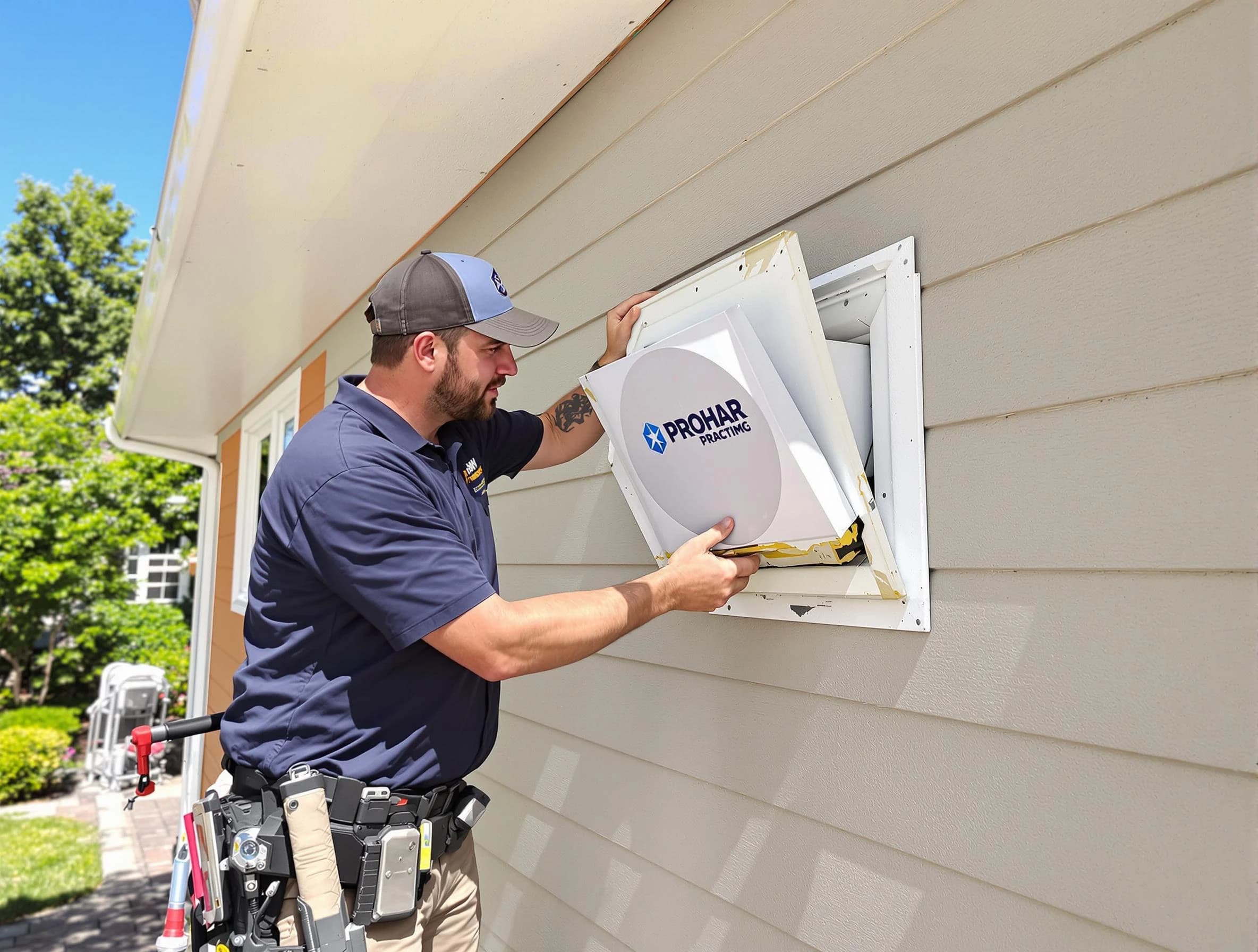 Casa Grande Dryer Vent Cleaning technician installing a new protective dryer vent cover on a home in Casa Grande
