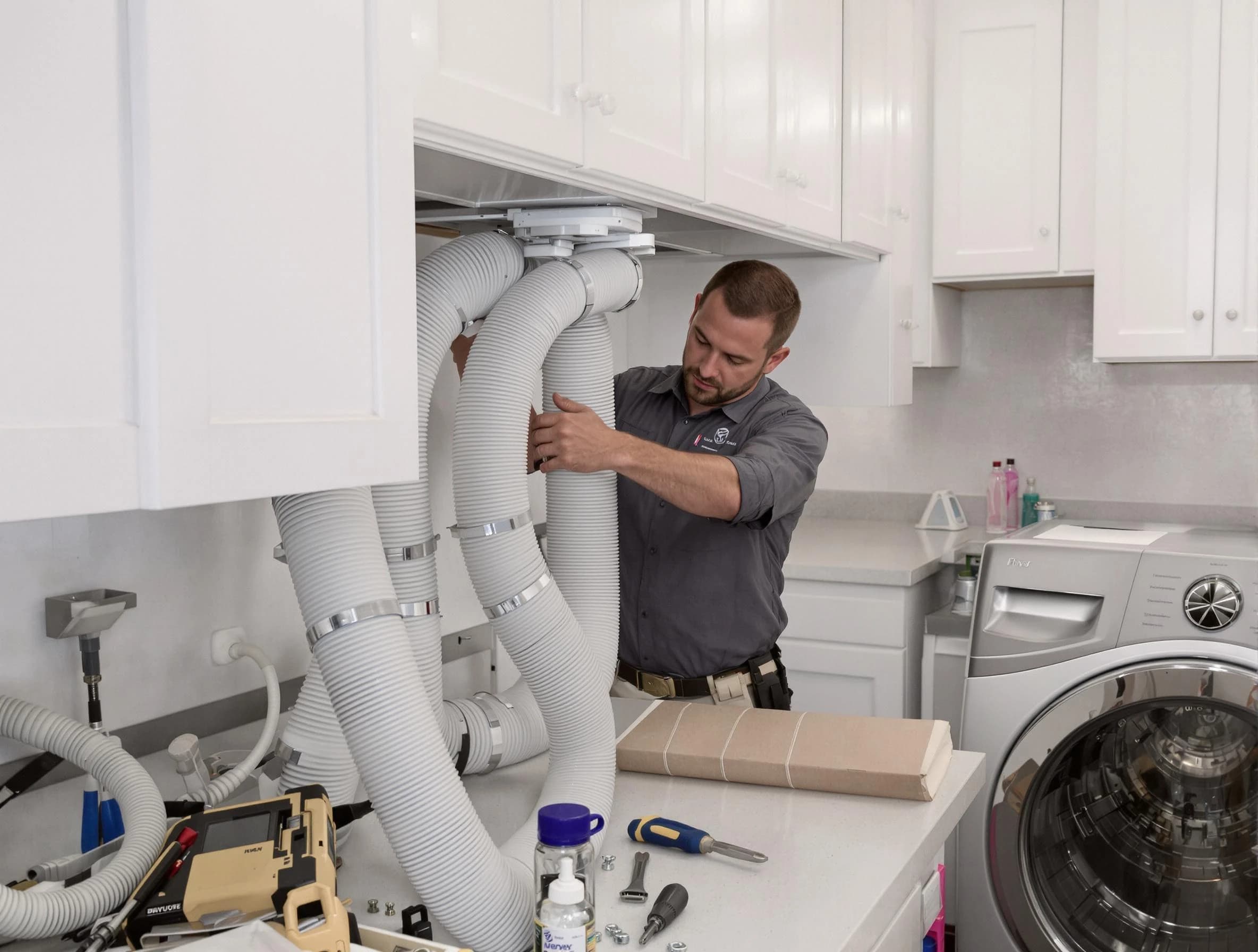 Casa Grande Dryer Vent Cleaning technician installing a new professional-grade dryer vent hose in Casa Grande