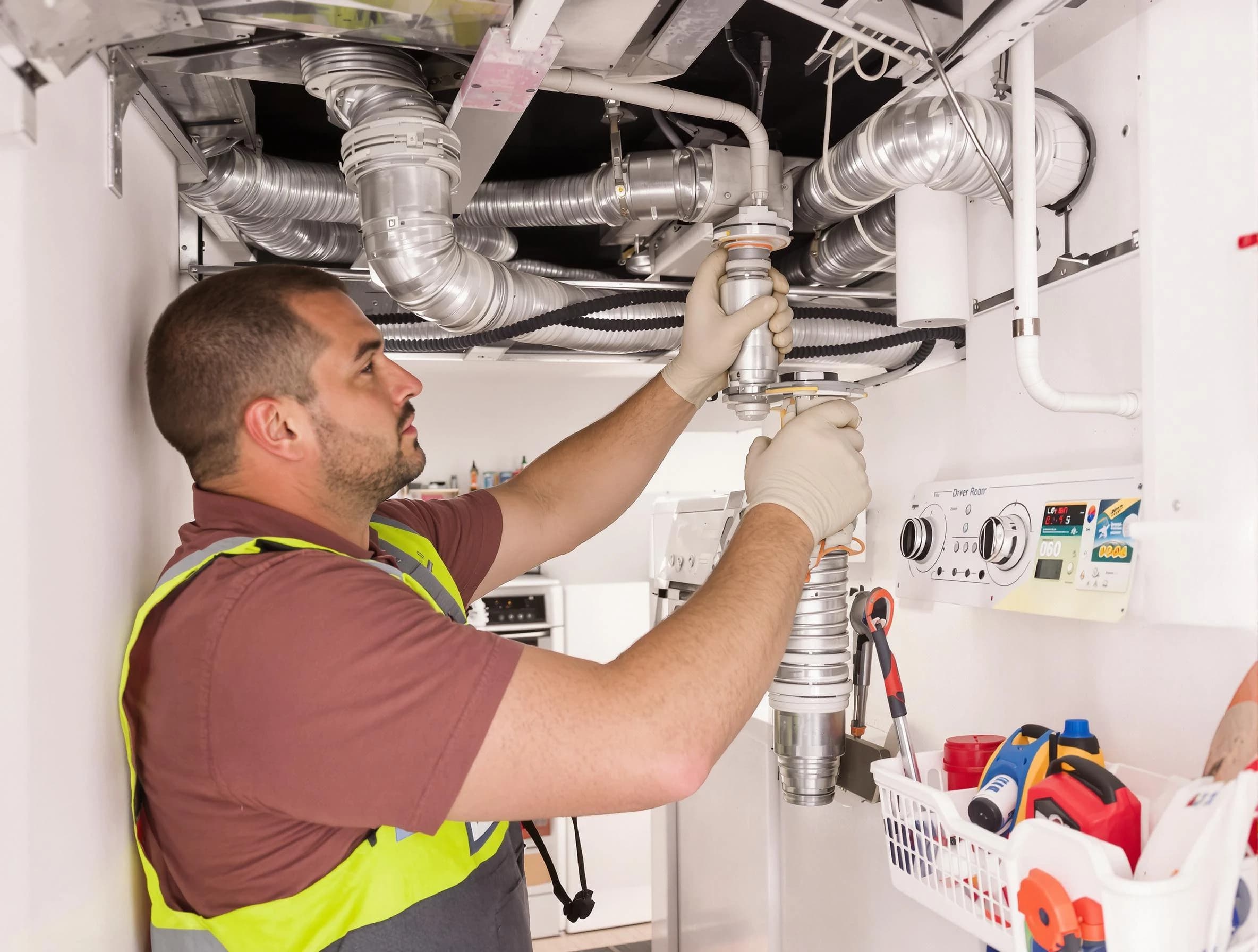 Casa Grande Dryer Vent Cleaning expert performing both repair and installation work on a dryer vent system in Casa Grande