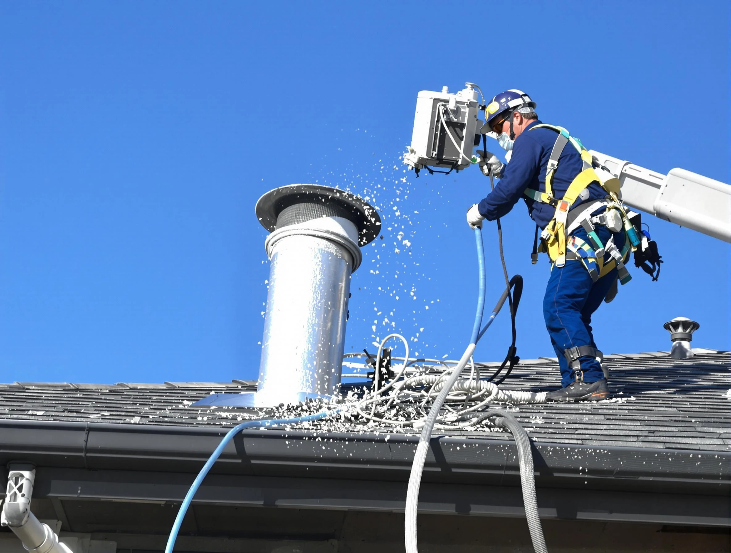 Casa Grande Dryer Vent Cleaning certified technician safely cleaning a roof-mounted dryer vent in Casa Grande